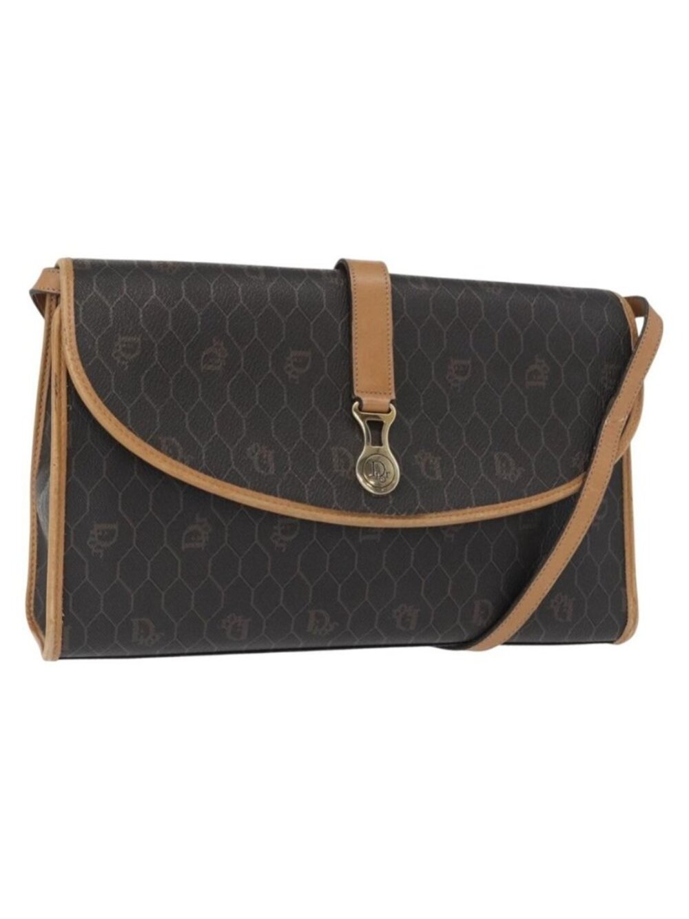 Authentic Christian Dior Honeycomb Canvas Shoulder Bag PVC Black Gold